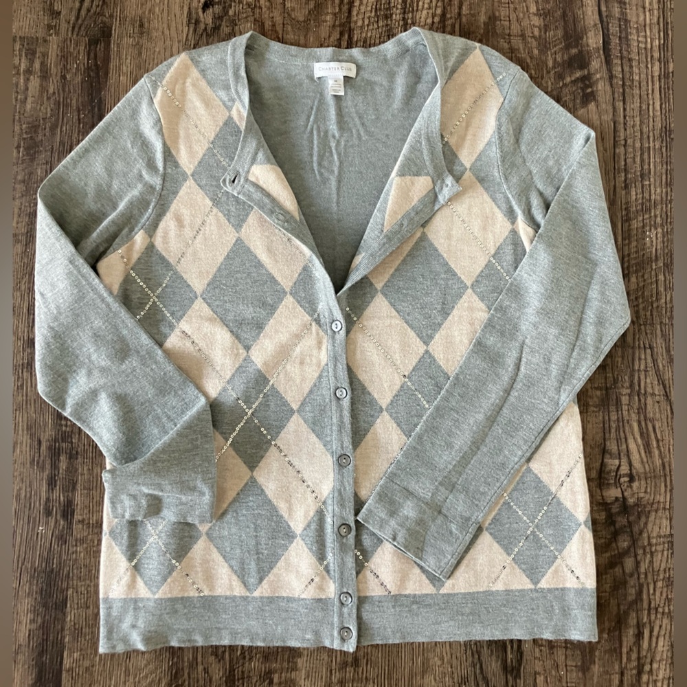 Dressy Gray & Beige Argyle Cardigan Sweater with Sequin detail